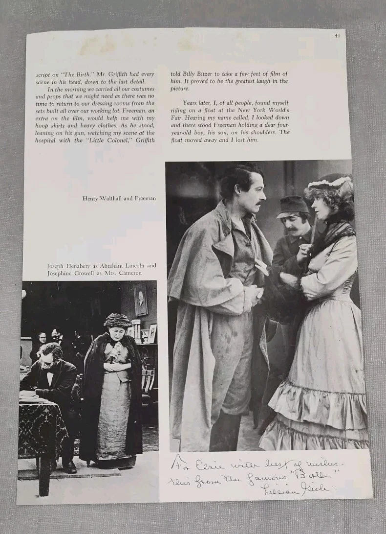 Lillian Gish — SILENT FILM ACTRESS LILLIAN GISH AUTOGRAPH Book Page About Birth Of A Nation