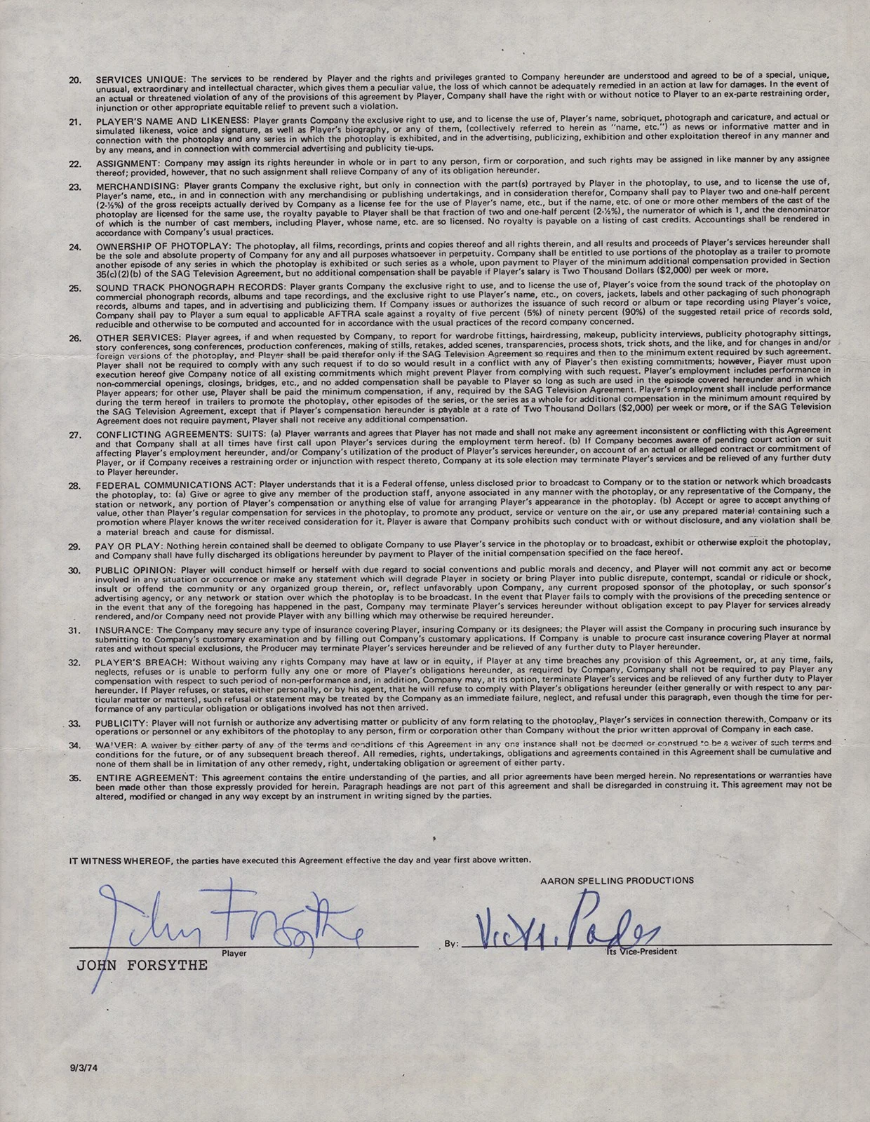 John Forsythe — JOHN FORSYTHE - CONTRACT SIGNED 11/11/1985, image 2