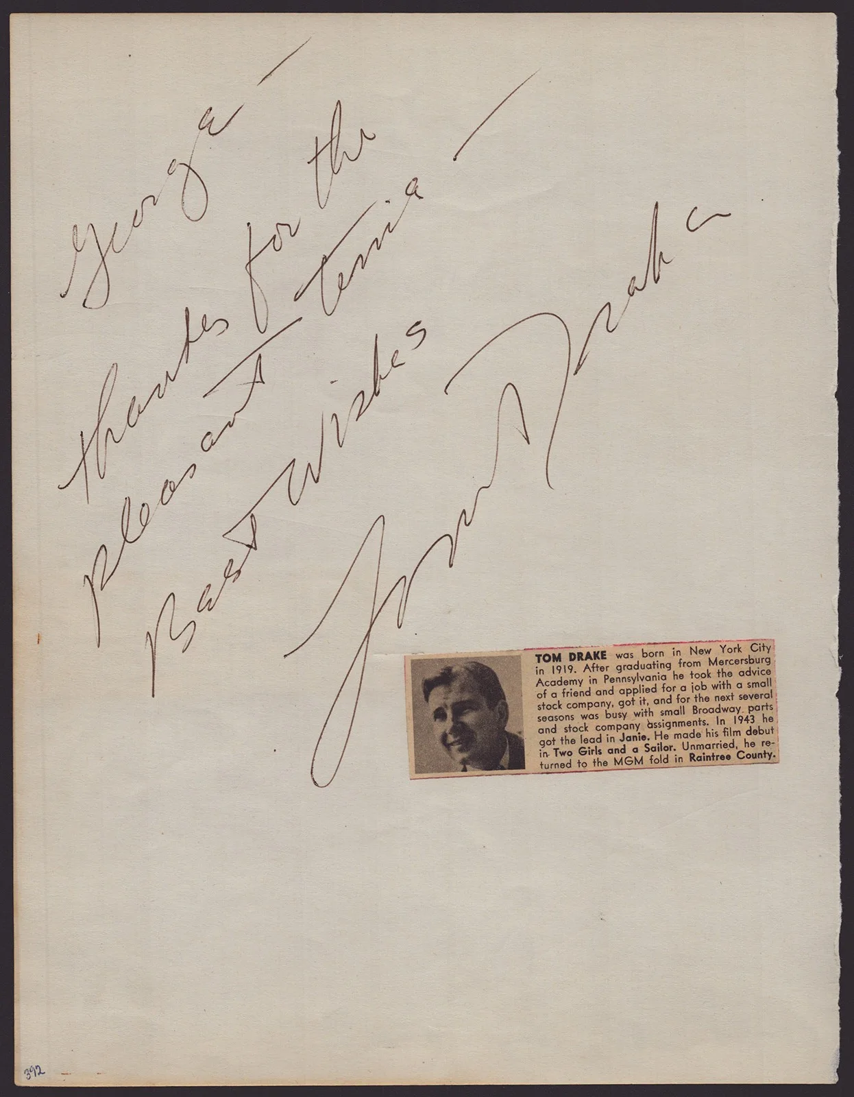 John Forsythe, Tom Drake — JOHN FORSYTHE - AUTOGRAPH NOTE SIGNED CO-SIGNED BY: TOM DRAKE, image 2