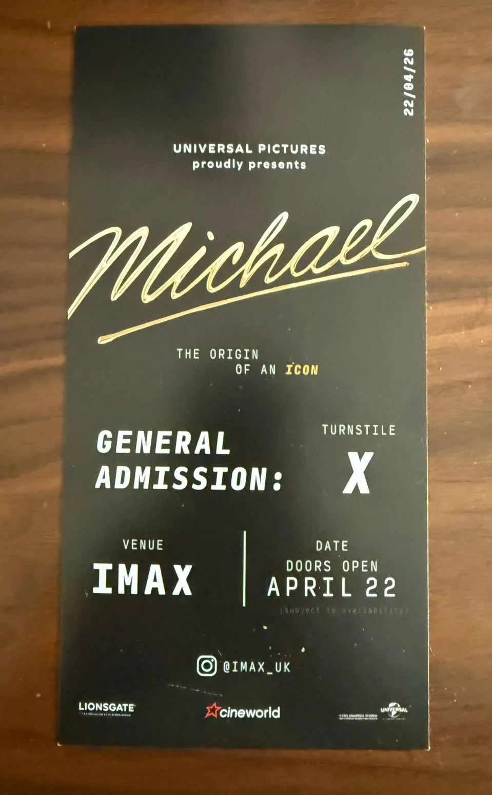 Michael IMAX Collectible Ticket, image 2