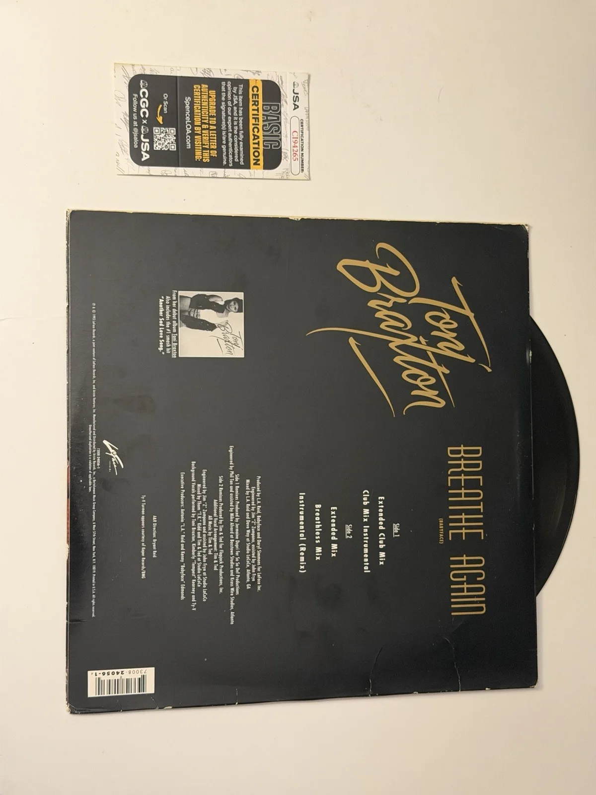 Toni Braxton Breathe Again Signed VIYNL JSA COA RARE, image 3