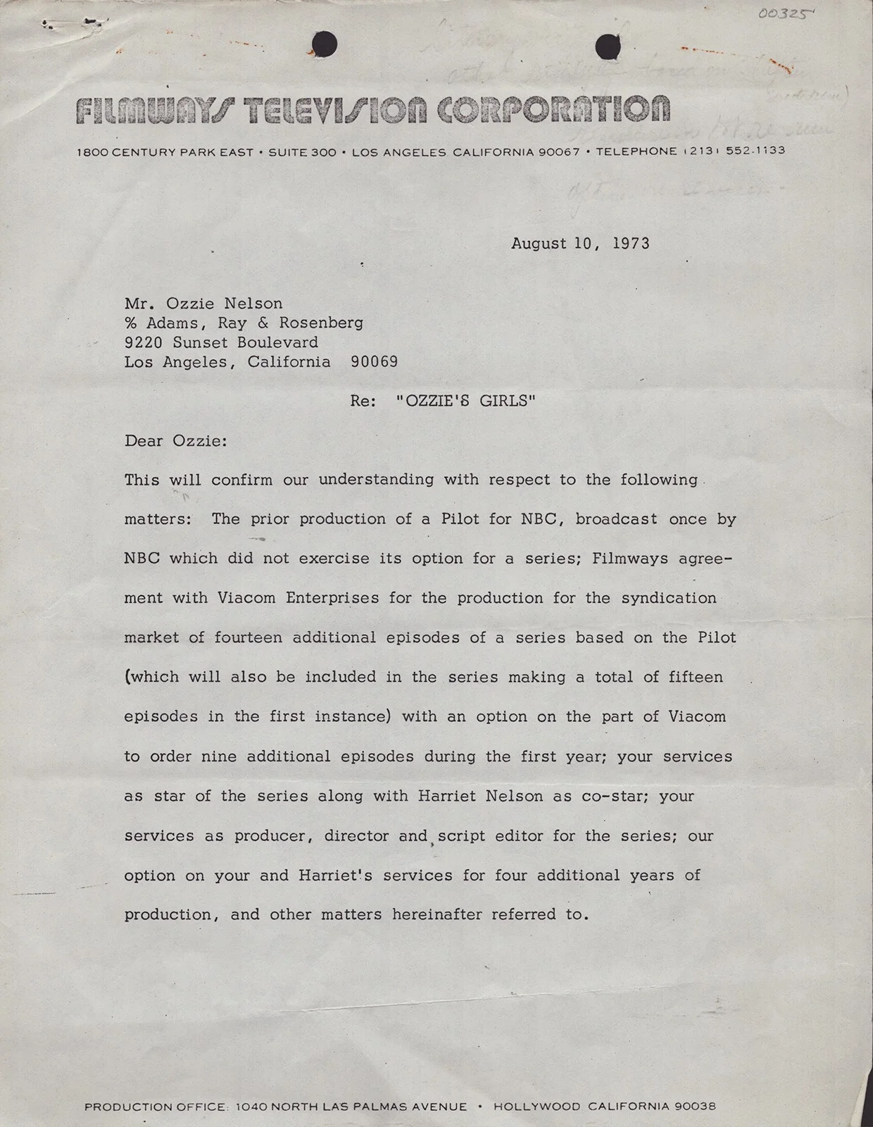 Ozzie Nelson, Harriet Hilliard Nelson — OZZIE NELSON - CONTRACT SIGNED 08/10/1973 CO-SIGNED BY: HARRIET HILLIARD NELSON