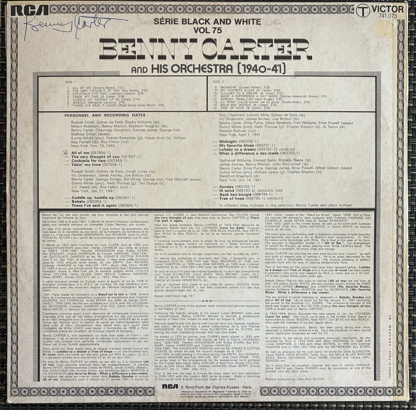 Benny Carter Signed 1940-1941 Vinyl Record LP Jacket Jazz Legend Autographed, изображение 2