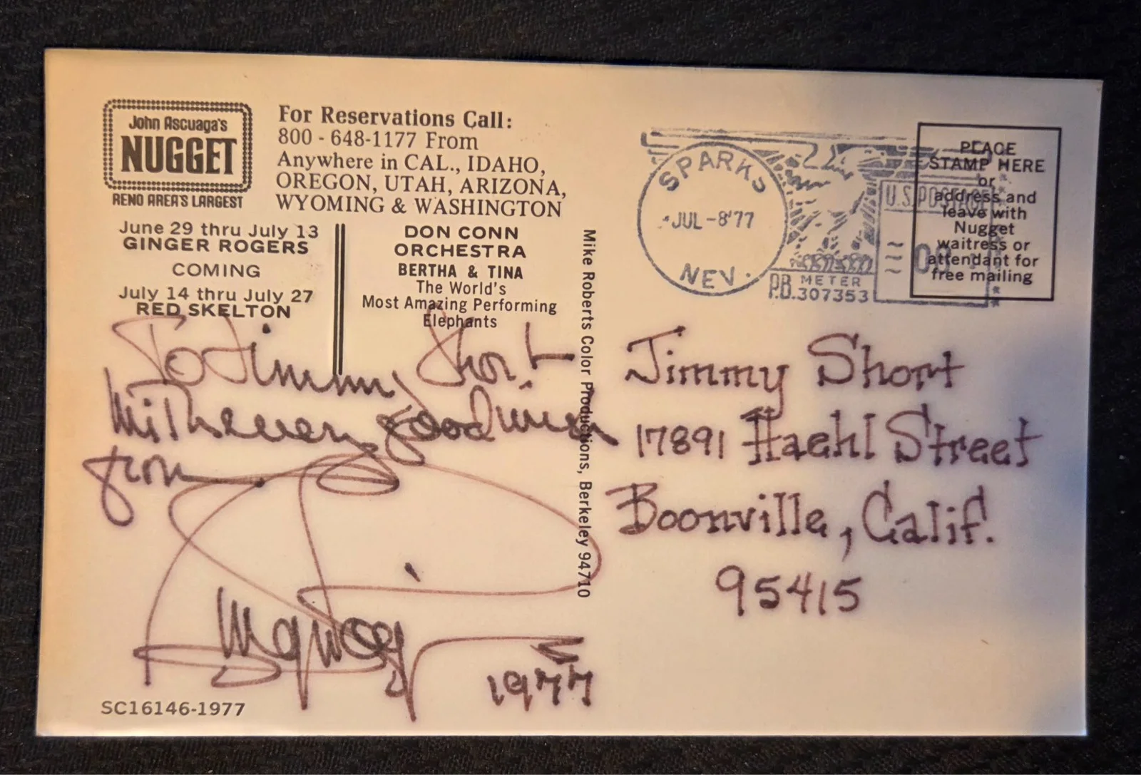 Ginger Rogers — Ginger Rogers Autographed Postcard John Ascuaga's Nugget Nevada Signed 1977 RARE, image 3