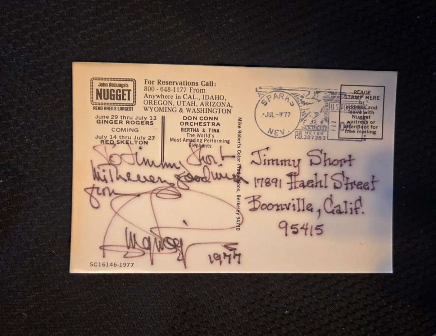 Ginger Rogers — Ginger Rogers Autographed Postcard John Ascuaga's Nugget Nevada Signed 1977 RARE, image 4