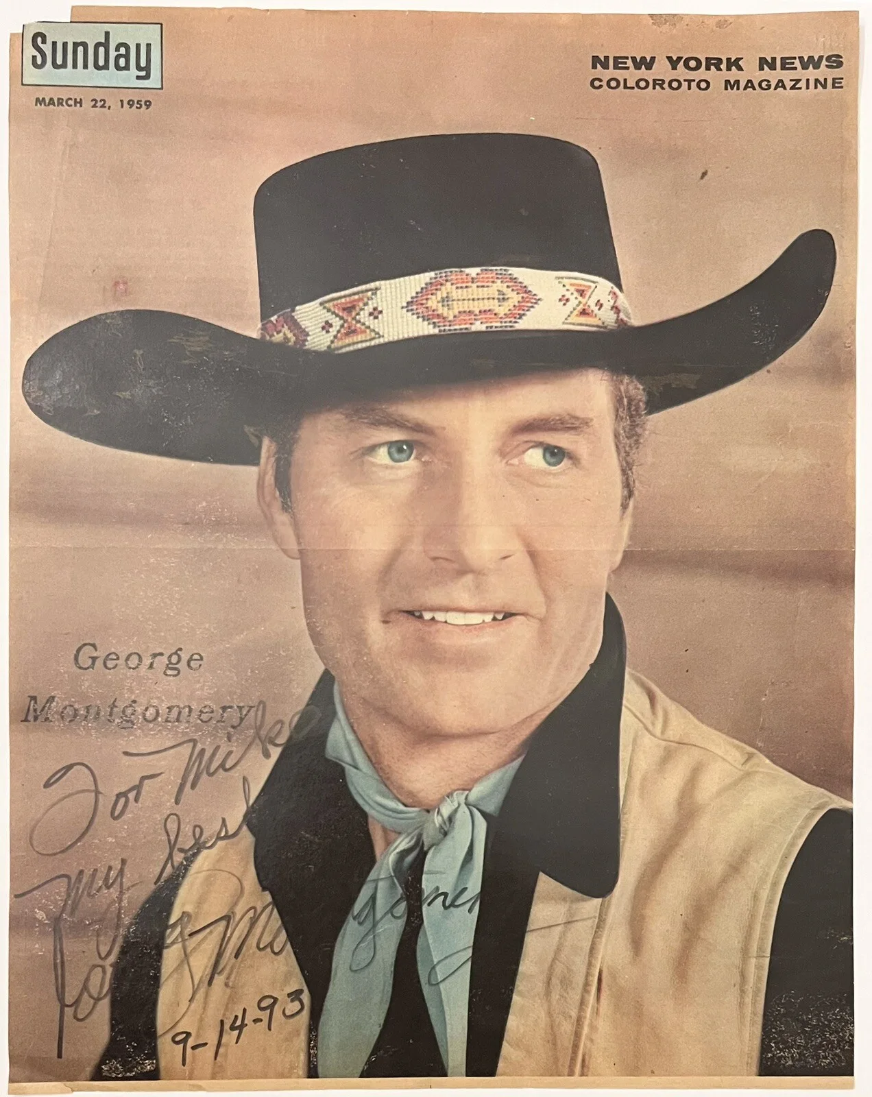 George Montgomery — George Montgomery Signed 10x13 Magazine Cover Photo Western Actor Autographed