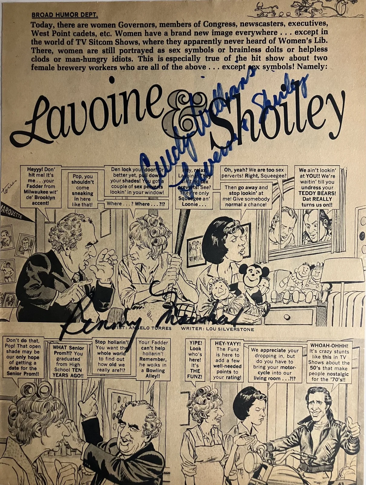 Cindy Williams, Penny Marshall — Autographed Page - MAD #194 (Oct 1977) signed by Williams & Marshall