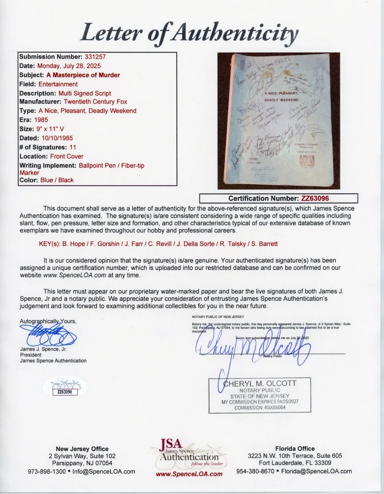 Bob Hope, Frank Gorshin, Jaimie Farr — Signed Masterpiece of Murder Screenplay - Bob Hope, Frank Gorshin, Others - JSA, изображение 2