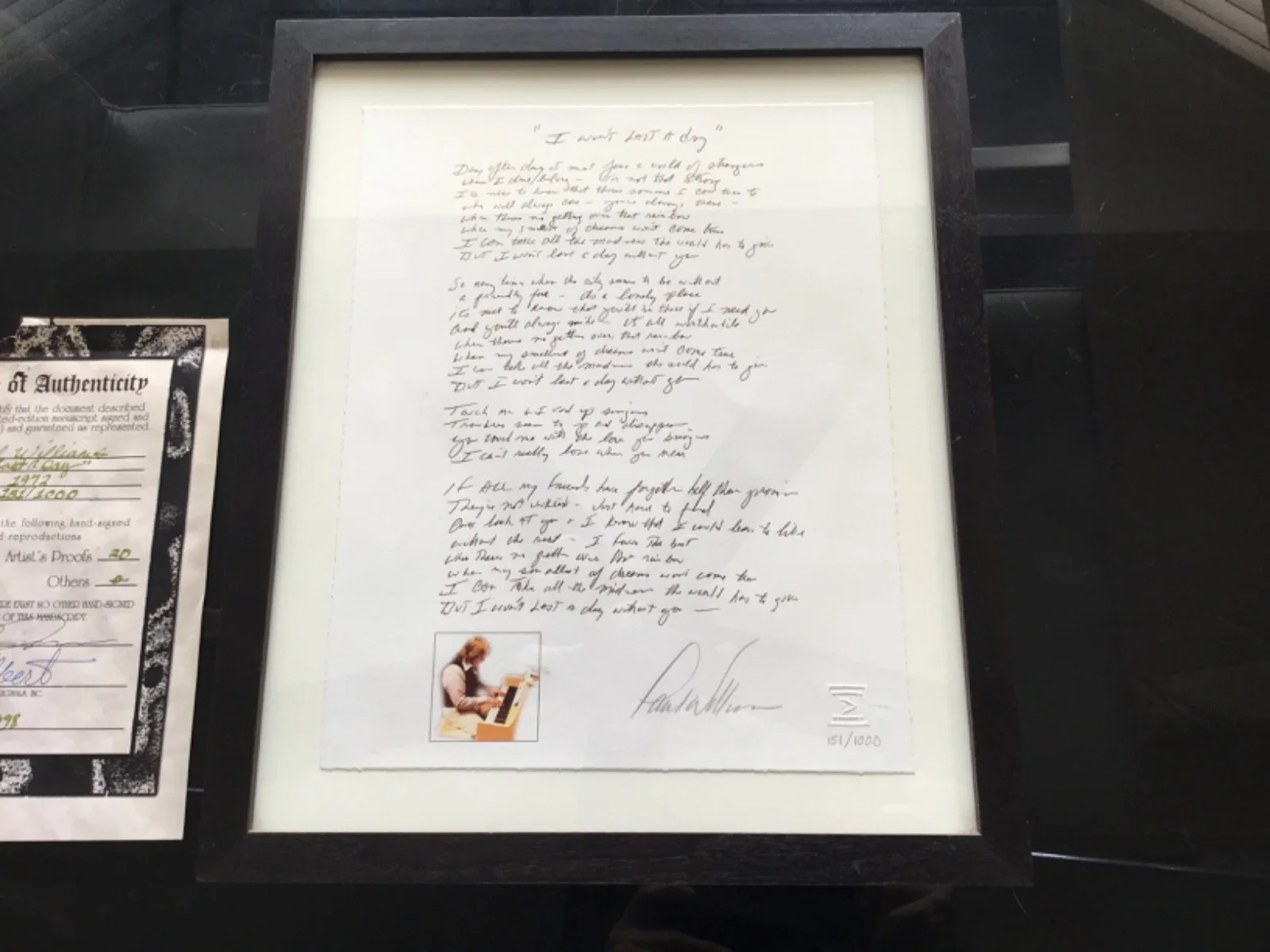 Paul Williams "I Wont Last a Day Without You" Signed Lyrics The Carpenters w/COA, image 2