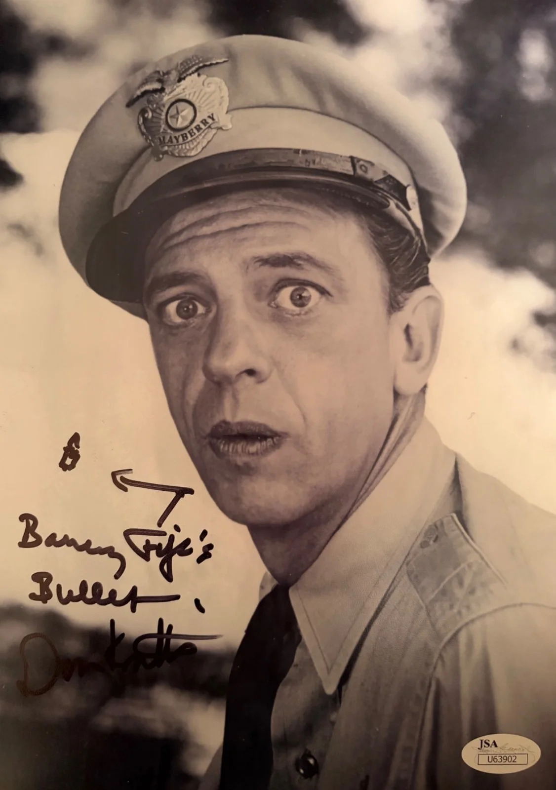 Don Knotts — Don Knotts Signed Barney Fife 8x10 Photo Autograph, image 2