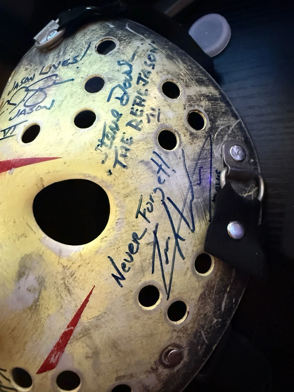 Kane Hodder, CJ Graham, Steve Dash, Kyle Labine, Katherine Isabel — Freddy V Jason (2003) Cast Autographed Mask With 3 Jason Signatures, изображение 3