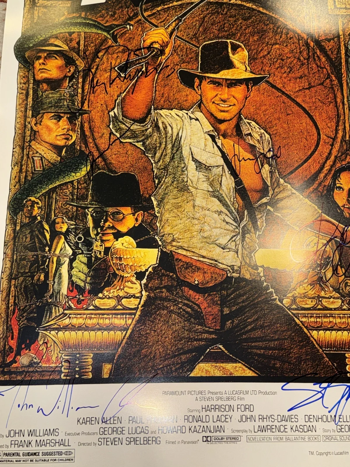 Raiders of the Lost Ark Movie Poster Cast Signed Harrison Ford Indiana Jones COA, изображение 3