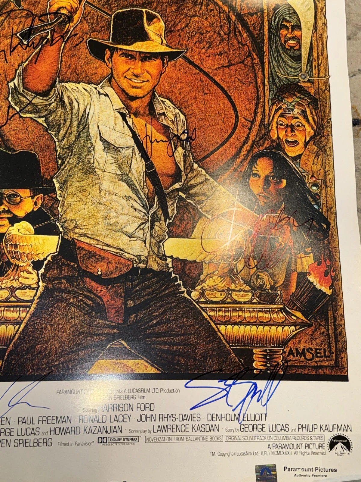 Raiders of the Lost Ark Movie Poster Cast Signed Harrison Ford Indiana Jones COA, изображение 4