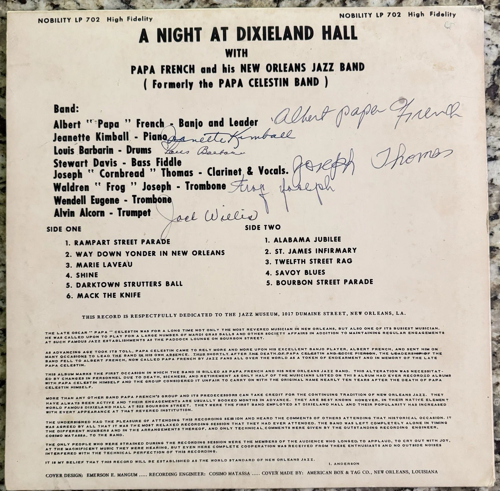 1965 A Night At Dixieland Hall LP Record Signed by Albert French & Band Members, изображение 2