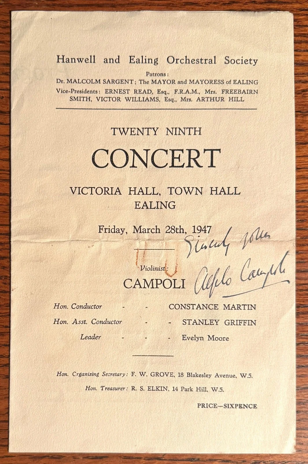 ALFREDO CAMPOLI violinist autographed signed program 1947, image 2