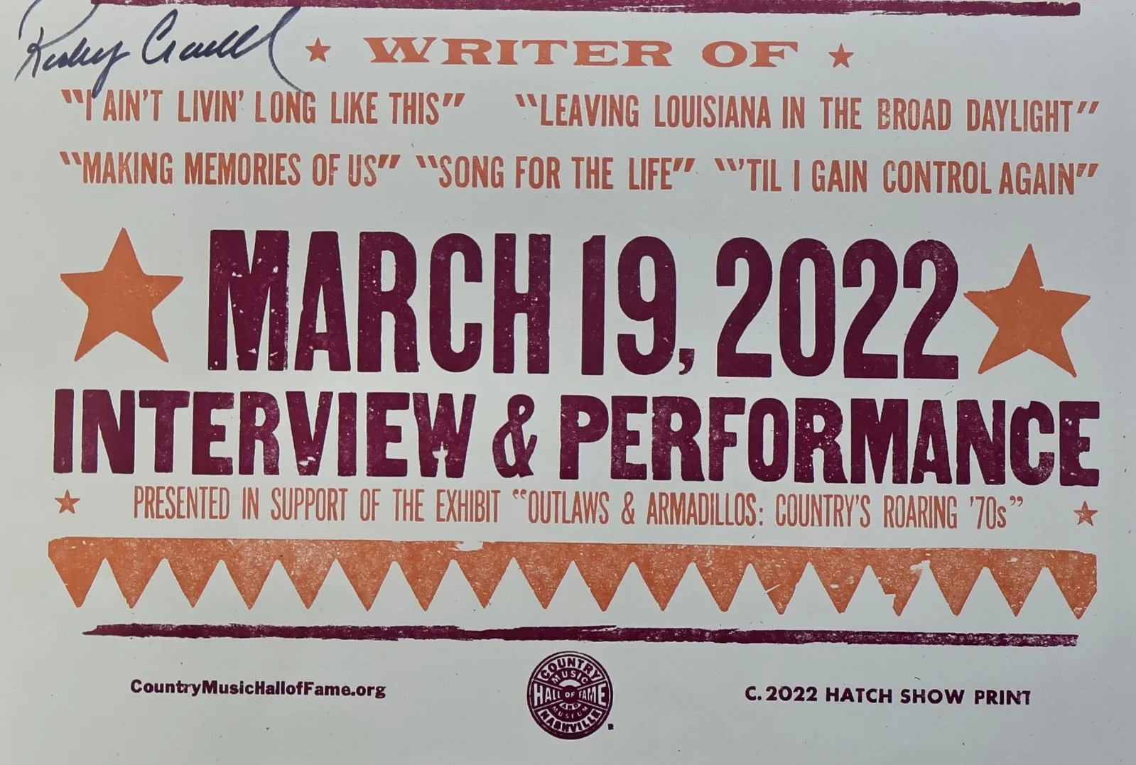 RODNEY CROWELL AUTOGRAPHED HATCH SHOW PRINT POSTER CMA NASHVILLE TN 03/19/2022, изображение 4