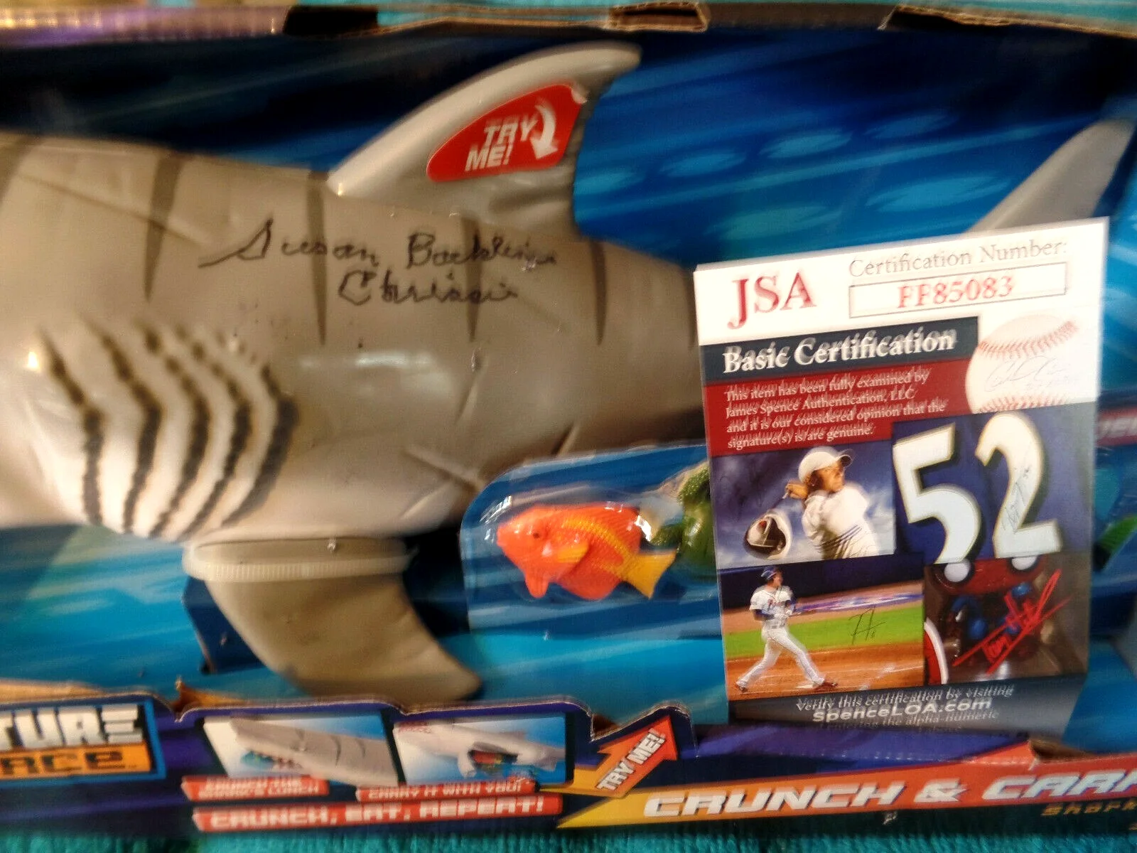 Susan Backlinie — 1ST VICTIM Susan Backlinie Autograph JSA on UNUSED Signed JAWS Toy Action Shark, image 5