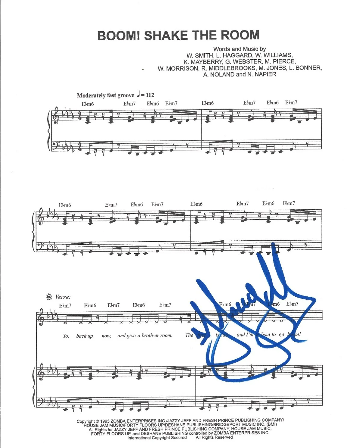 DJ Jazzy Jeff — DJ Jazzy Jeff hand SIGNED Boom! Shake The Room Sheet Music #1 COA Fresh Prince