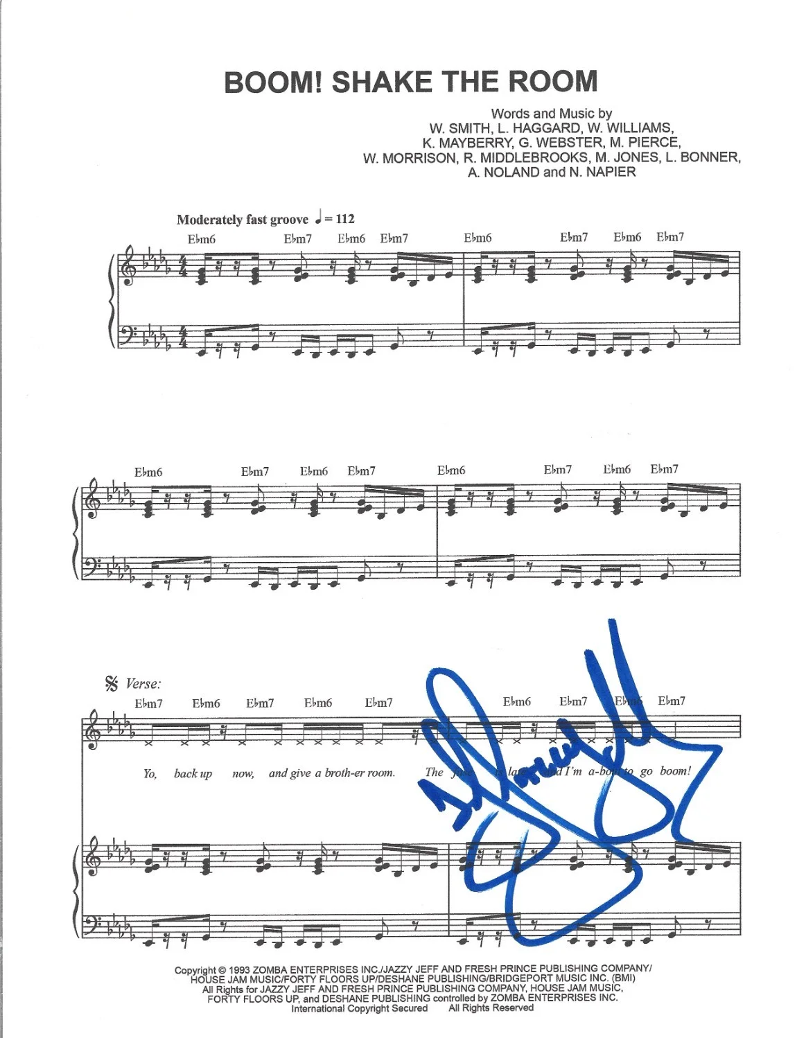 DJ Jazzy Jeff — DJ Jazzy Jeff hand SIGNED Boom! Shake The Room Sheet Music #2 COA Fresh Prince