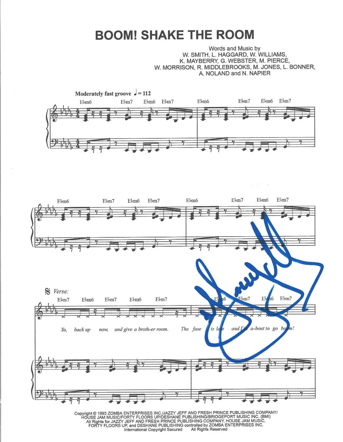 DJ Jazzy Jeff — DJ Jazzy Jeff hand SIGNED Boom! Shake The Room Sheet Music #3 COA Fresh Prince