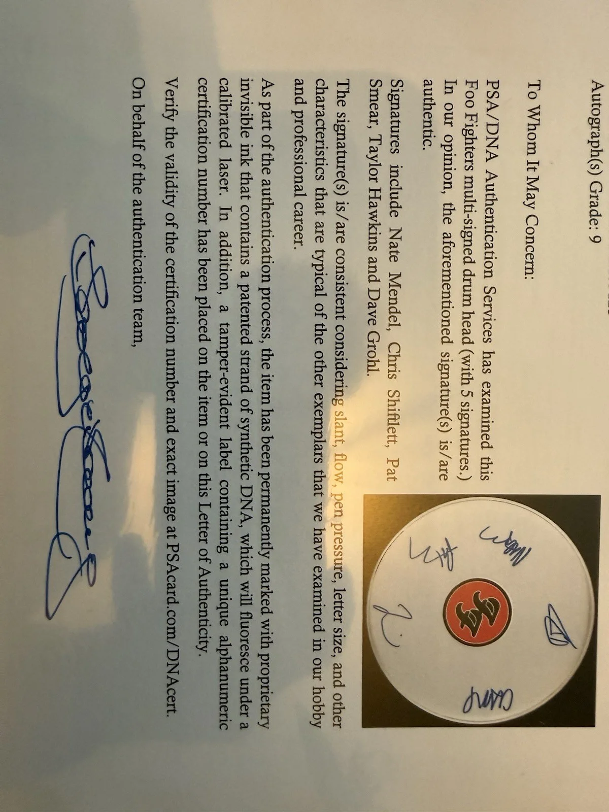 Foo Fighters (x5)Signed Autograph Drumhead Dave Grohl Taylor Hawkins ,PSA 9, image 2