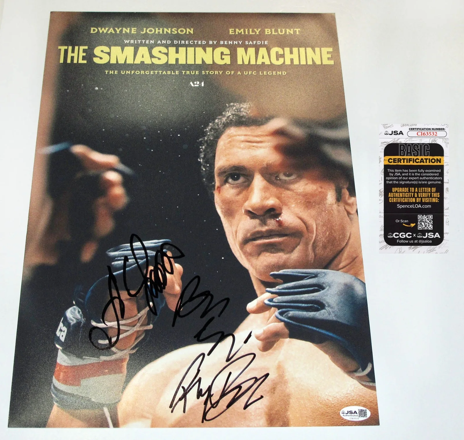 Benny Safdie, Oleksandr Usyk, Ryan Bader — Benny Safdie, Oleksandr Usyk +1 signed THE SMASHING MACHINE 12x18 Photo JSA COA, изображение 5