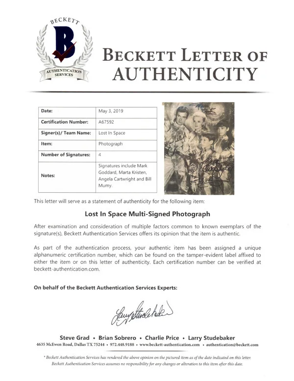 GODDARD KRISTEN CARTWRIGHT MUMY CAST SIGNED 8x10 PHOTO LOST IN SPACE BECKETT BAS, изображение 2