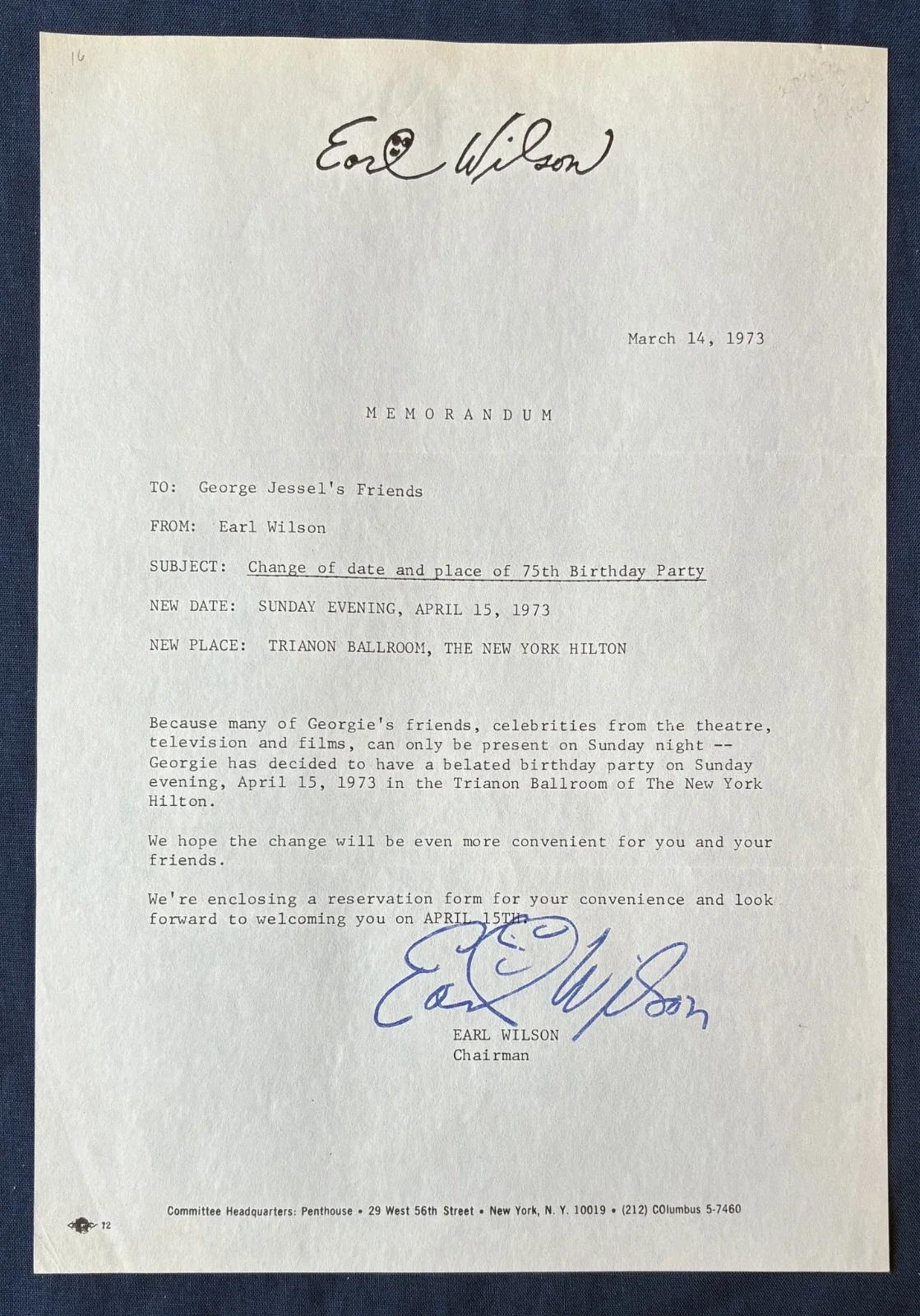 Earl Wilson — Earl Wilson Signed 1973 Letter George Jessel 75th Birthday New York Hilton, изображение 2