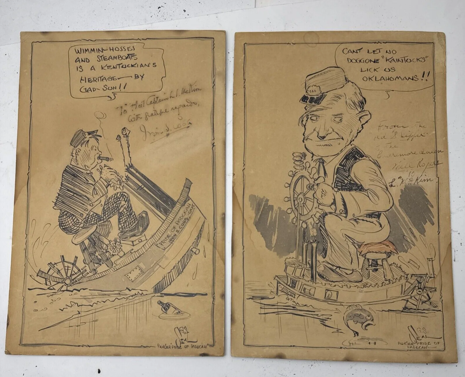 Will Rogers — Will Rogers &Irvin S. Cobb Autographed Caricatures From Steamboat Round the Bend
