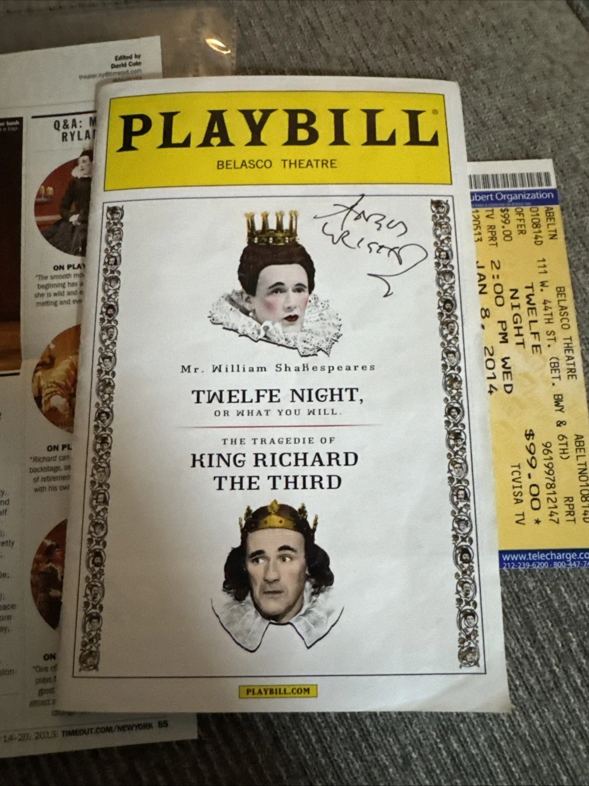 Playbill 2014 TWELFE NIGHT/KING RICHARD III Signed By ANGUS WRIGHT w Ticket Bdwy, image 2