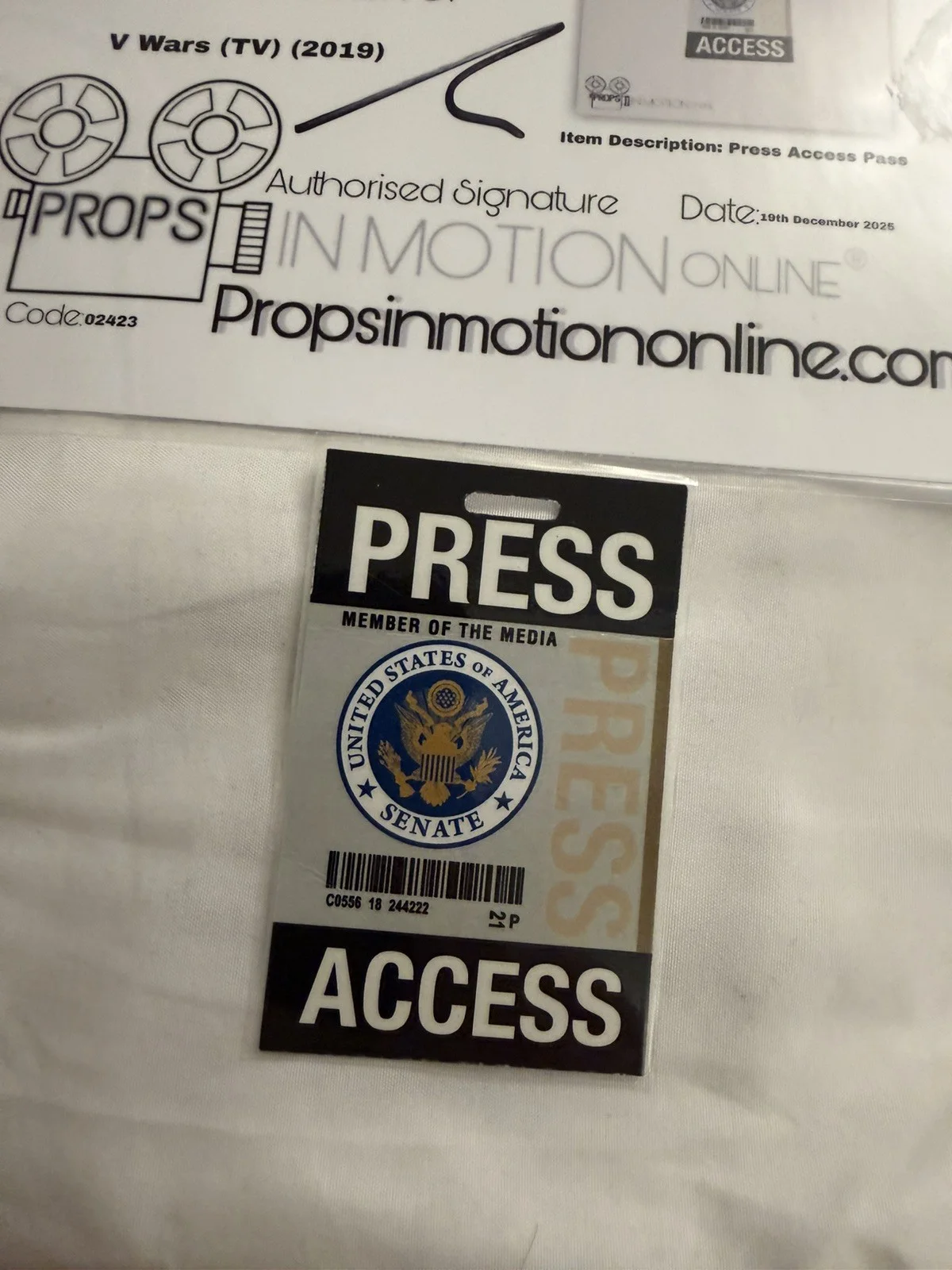 V Wars Screen Used Movie Prop Film TV COA Horror Vampire press pass, image 3