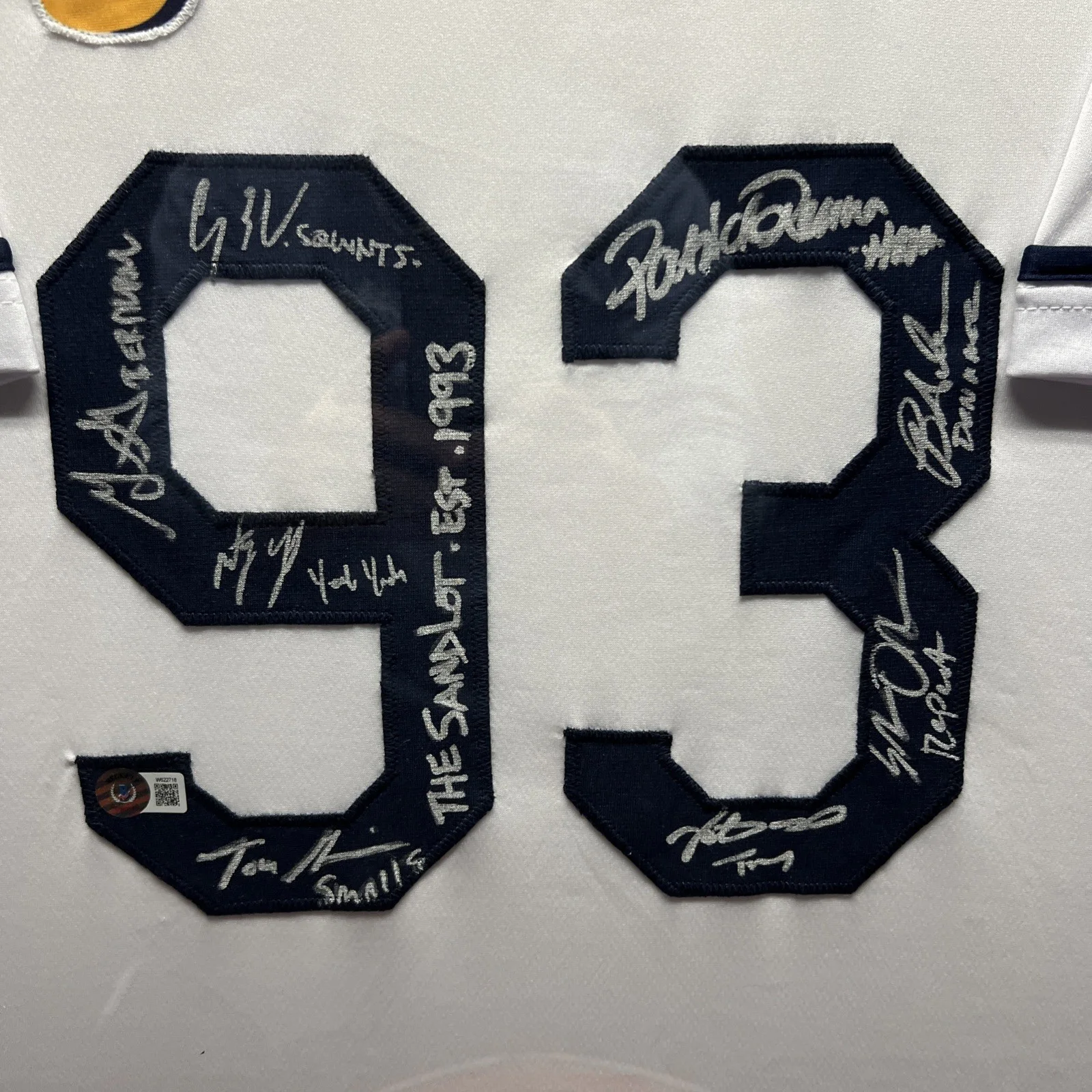 Patrick Renna — The Sandlot Cast Autographed Baseball Jersey 93 W/ Name Inscriptions Beckett, image 2