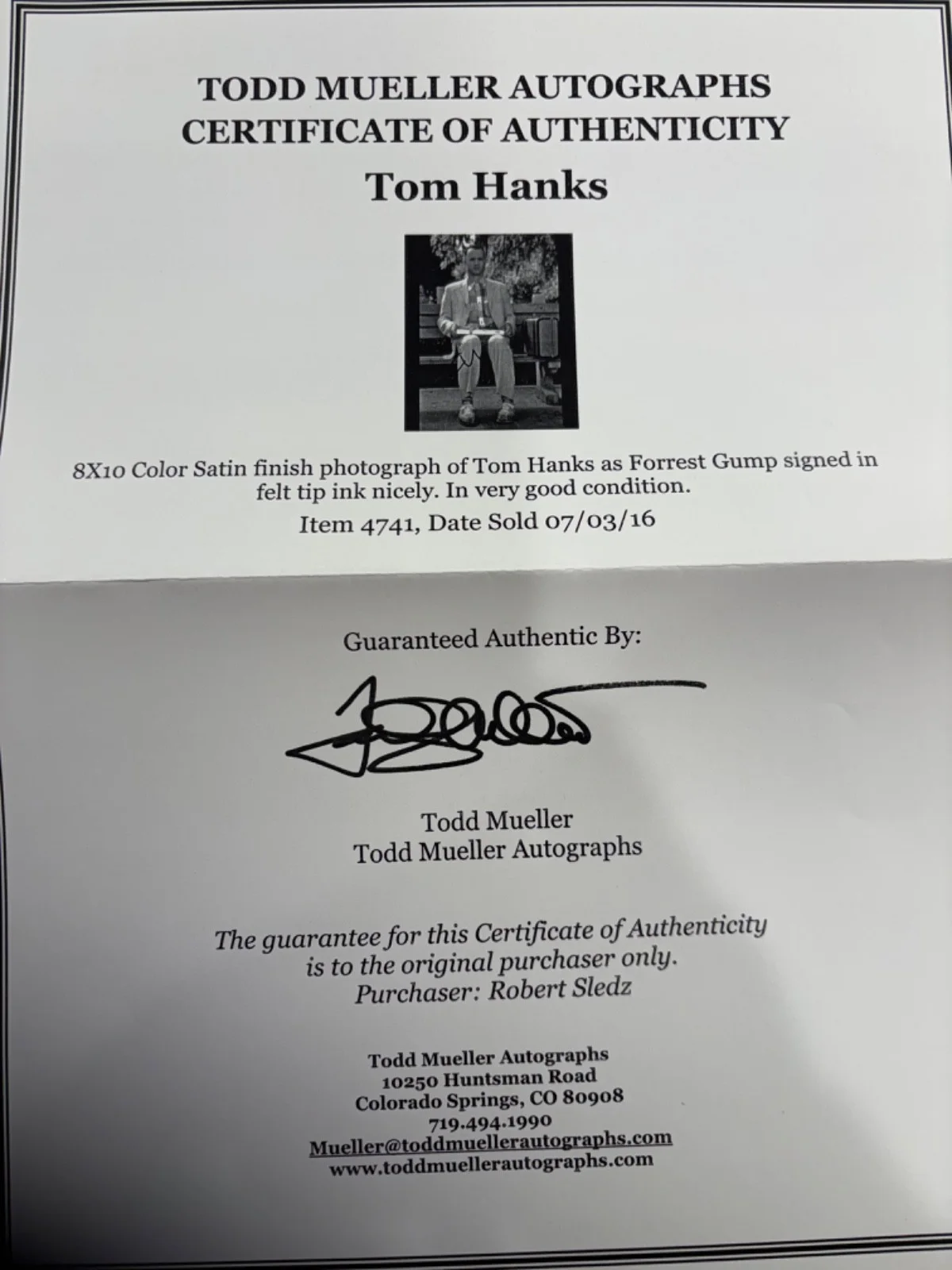 Tom Hanks signed as Forrest Gump, coa from Todd Mueller, image 2