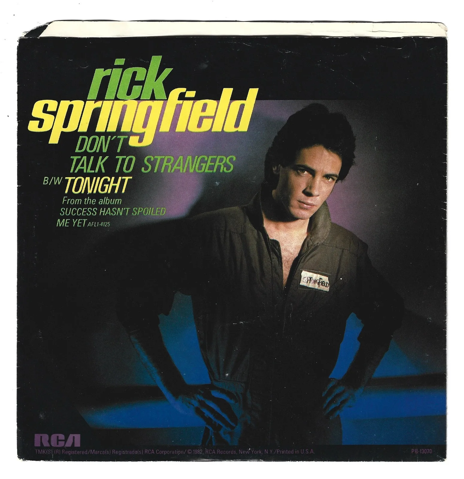 Rick Springfield SIGNED 7" Don't Talk To Strangers Tonight Vinyl Record #1 COA, image 3