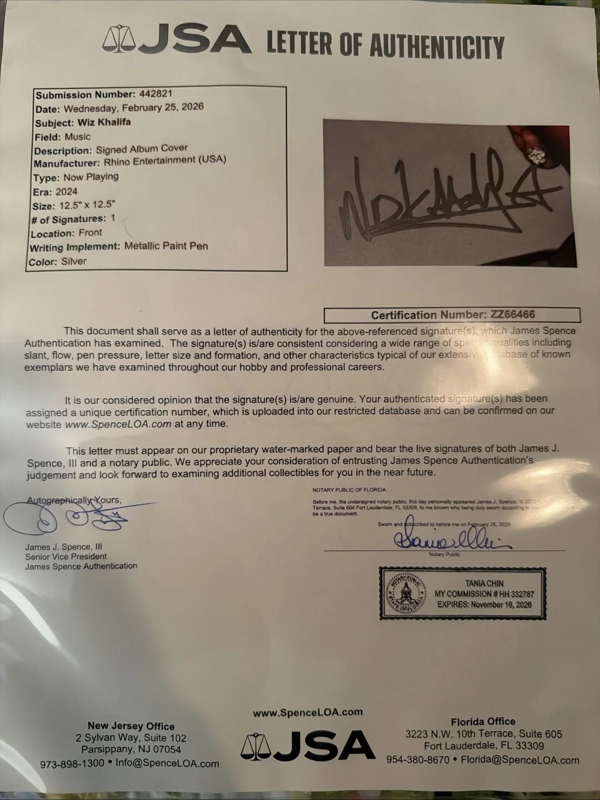 Wiz Khalifa Signed Album Cover Autographed JSA COA Letter Rare, изображение 2