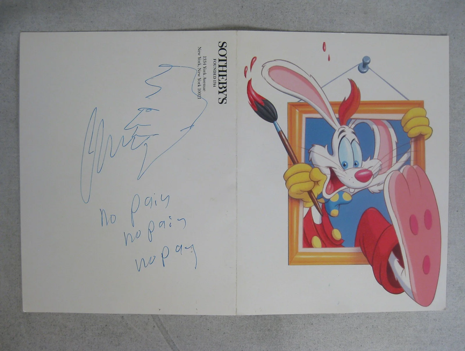 Charles Fleisher — Charles Fleischer Signed Roger Rabbit Sotheby's Auction Card 1989 Voice Actor, изображение 2