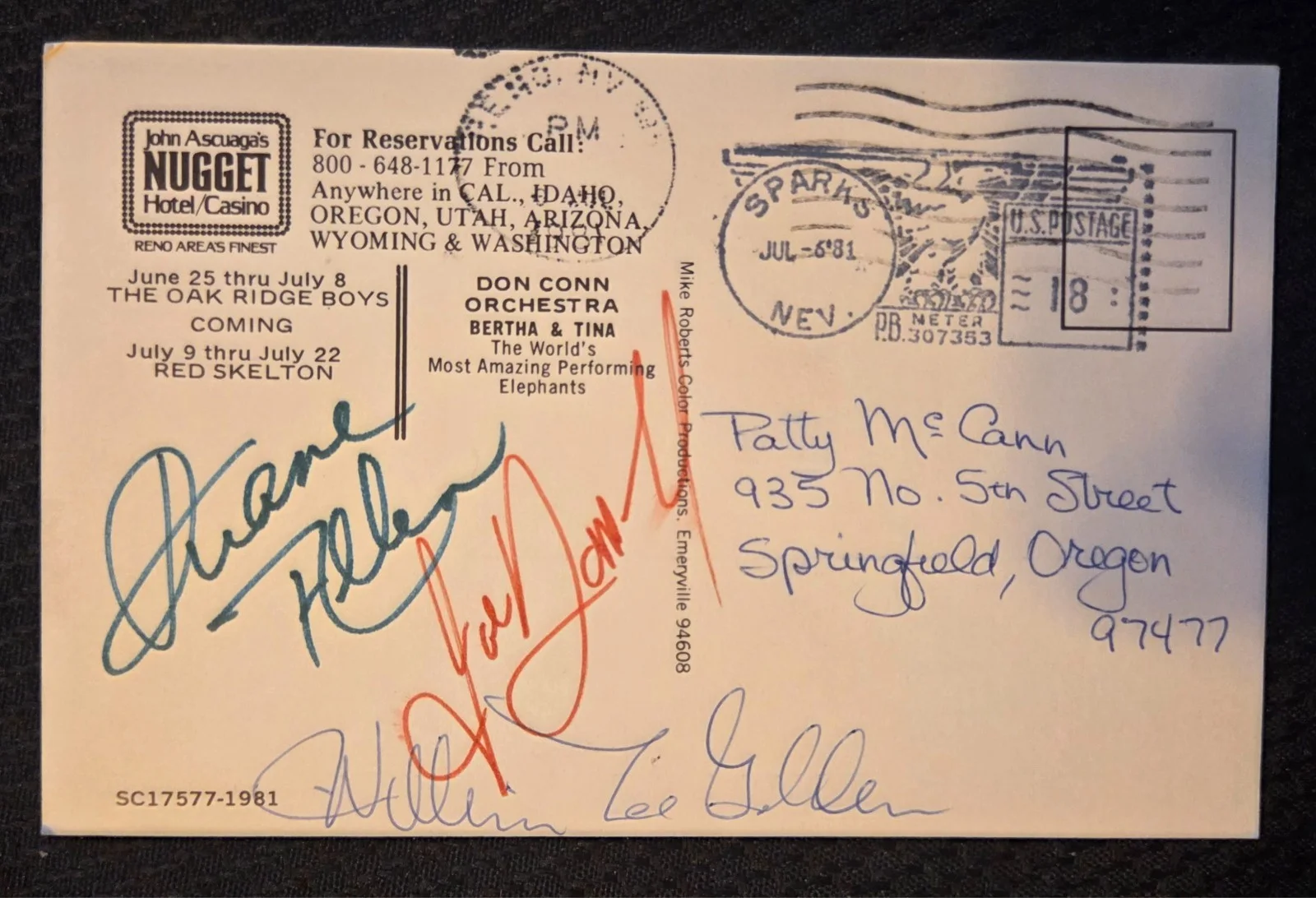 The Oak Ridge Boys Autographed Nugget Sparks Nevada Postcard 1981 Signed, изображение 2
