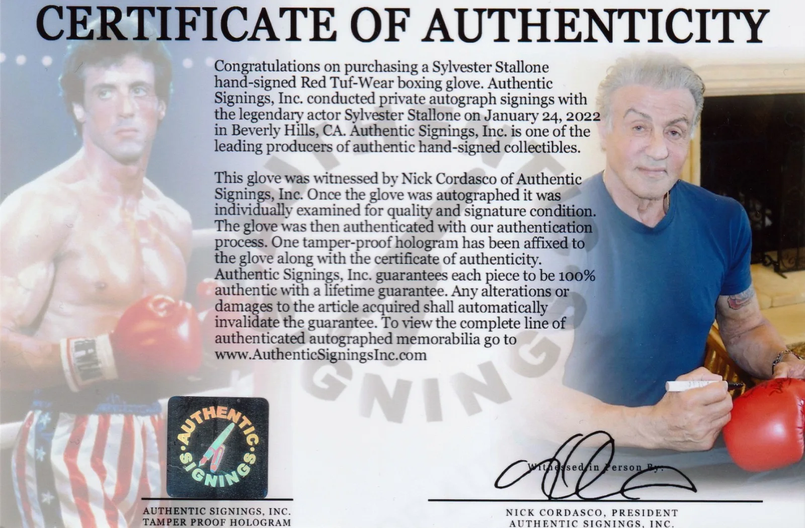 Sylvester Stallone — Sylvester Stallone Rocky Balboa Autographed Tuf Wear Red Glove ASI Proof, изображение 2