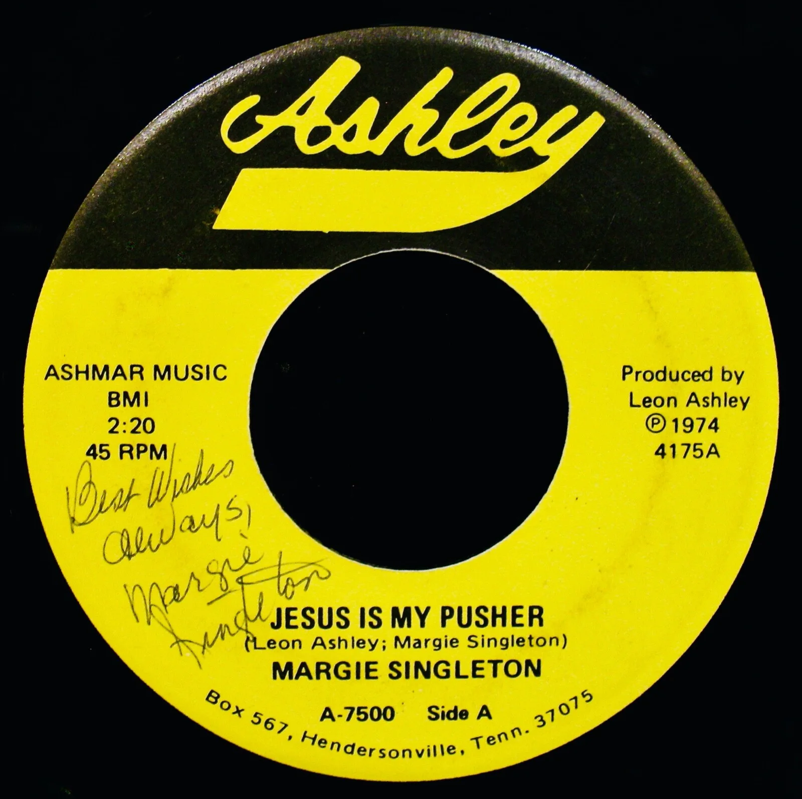 MARGIE SINGLETON Signed Gospel 45 (Rare)~Country Music Star~ASHLEY RECORDS #7500, изображение 2