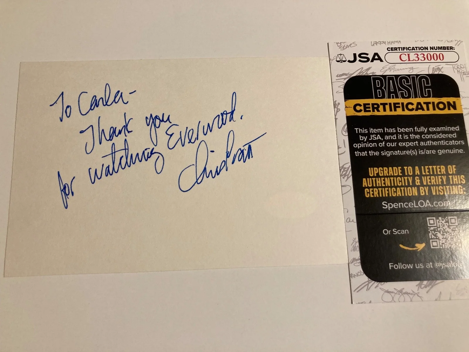 CHRIS PRATT — CHRIS PRATT signed 4x6 card "GUARDIANS OF THE GALAXY", "PARKS AND JSA#CL33000