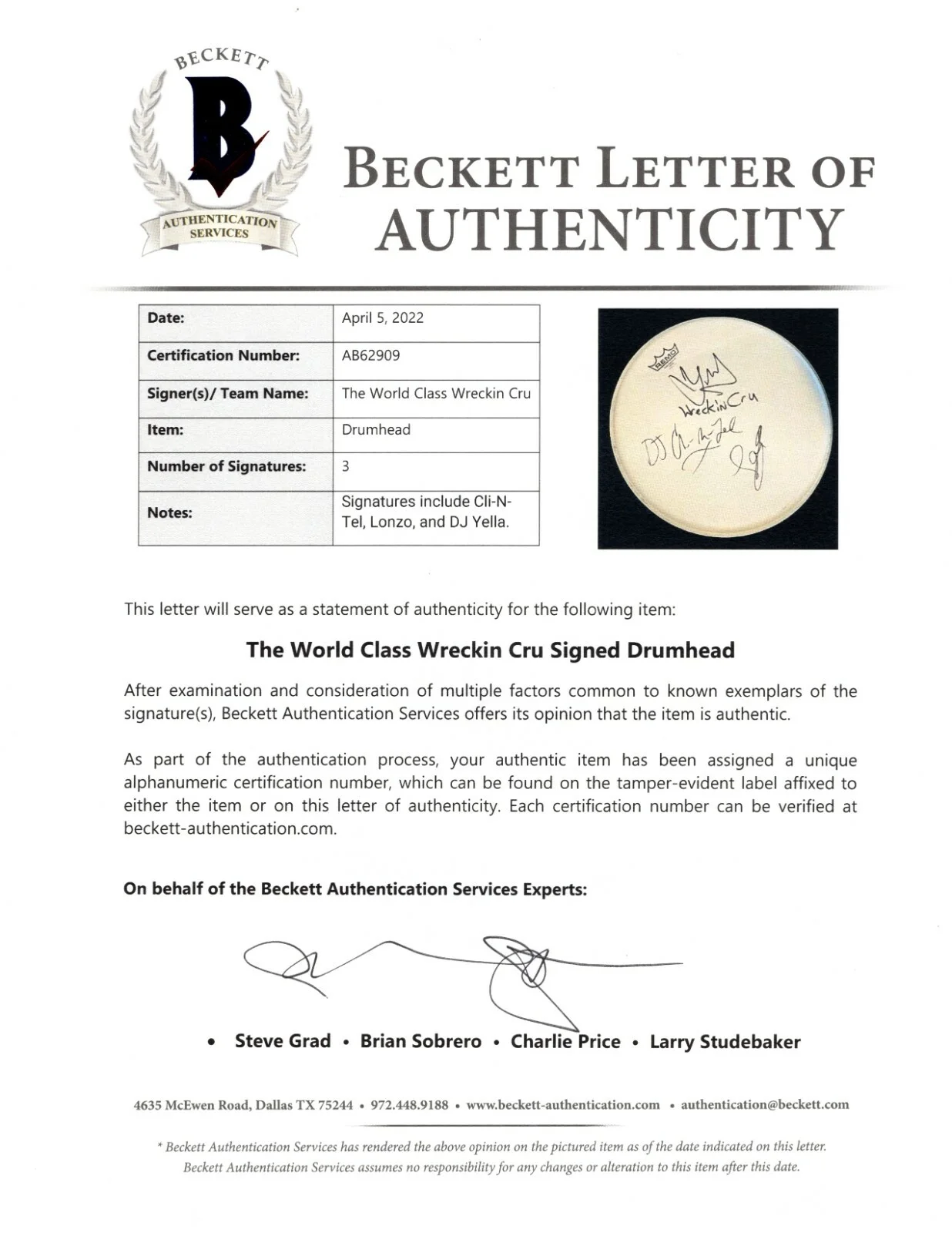 DJ Yella, Lonzo, DJ Cli-N-Tel — World Class Wreckin Cru Signed Drumhead Beckett BAS COA DJ Yella Lonzo Cli N Tel, image 3