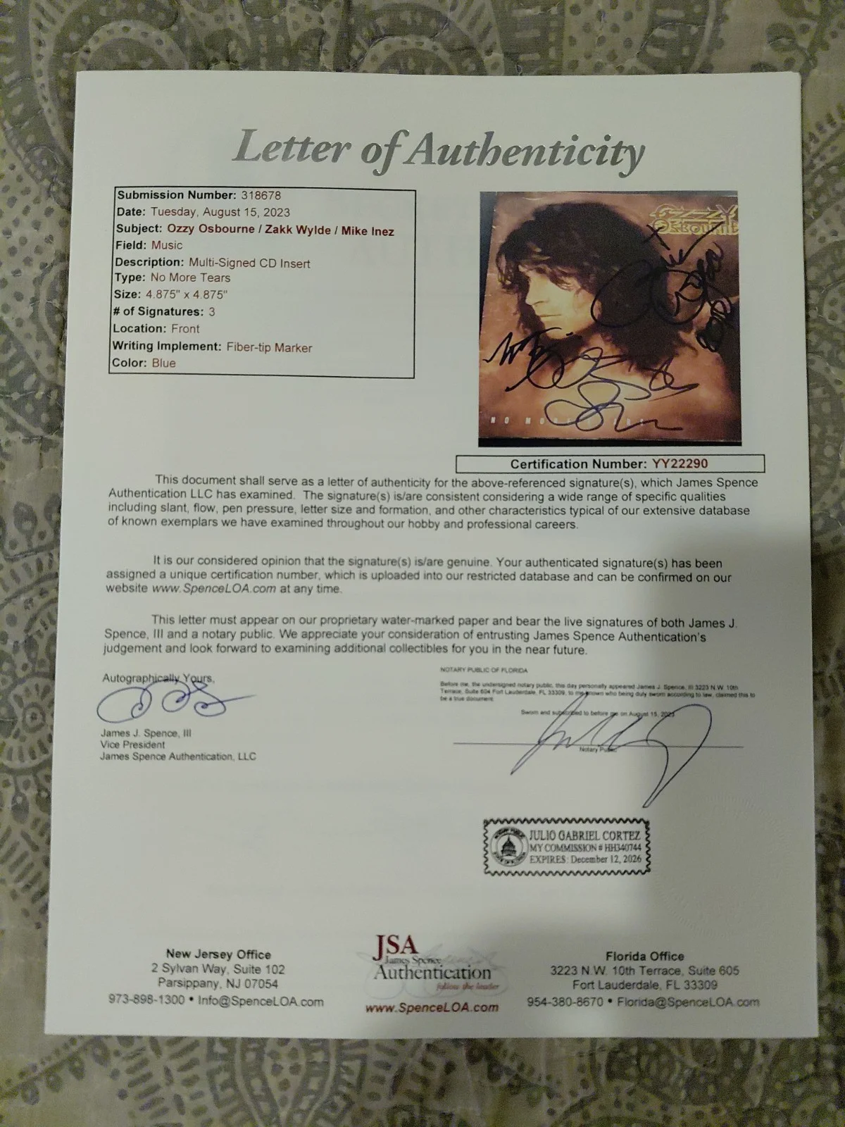 Ozzy Osbourne Zakk Wylde Mike Inez signed No More Tears CD booklet with full LOA, изображение 3