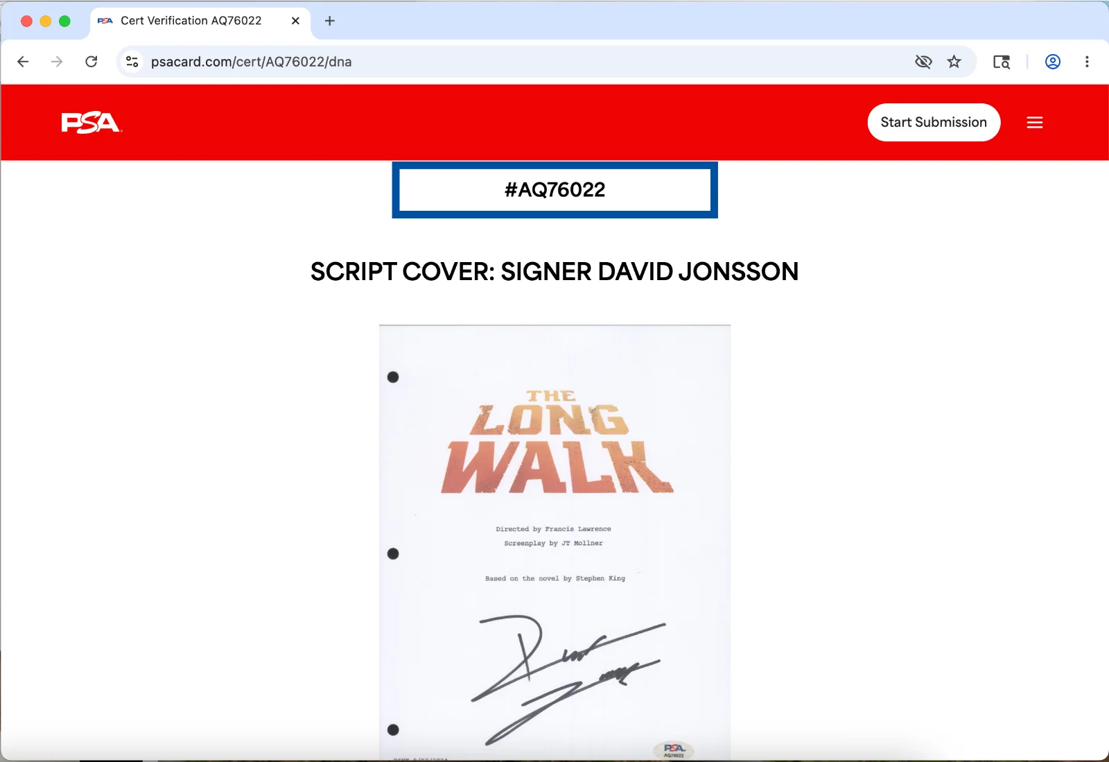 David Jonsson — David Jonsson signed The Long Walk script full 166 pages PSA DNA autograph, image 3