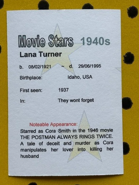 FILM STAR Trading Card LANA TURNER 1940s Reproduction 5/6, image 2