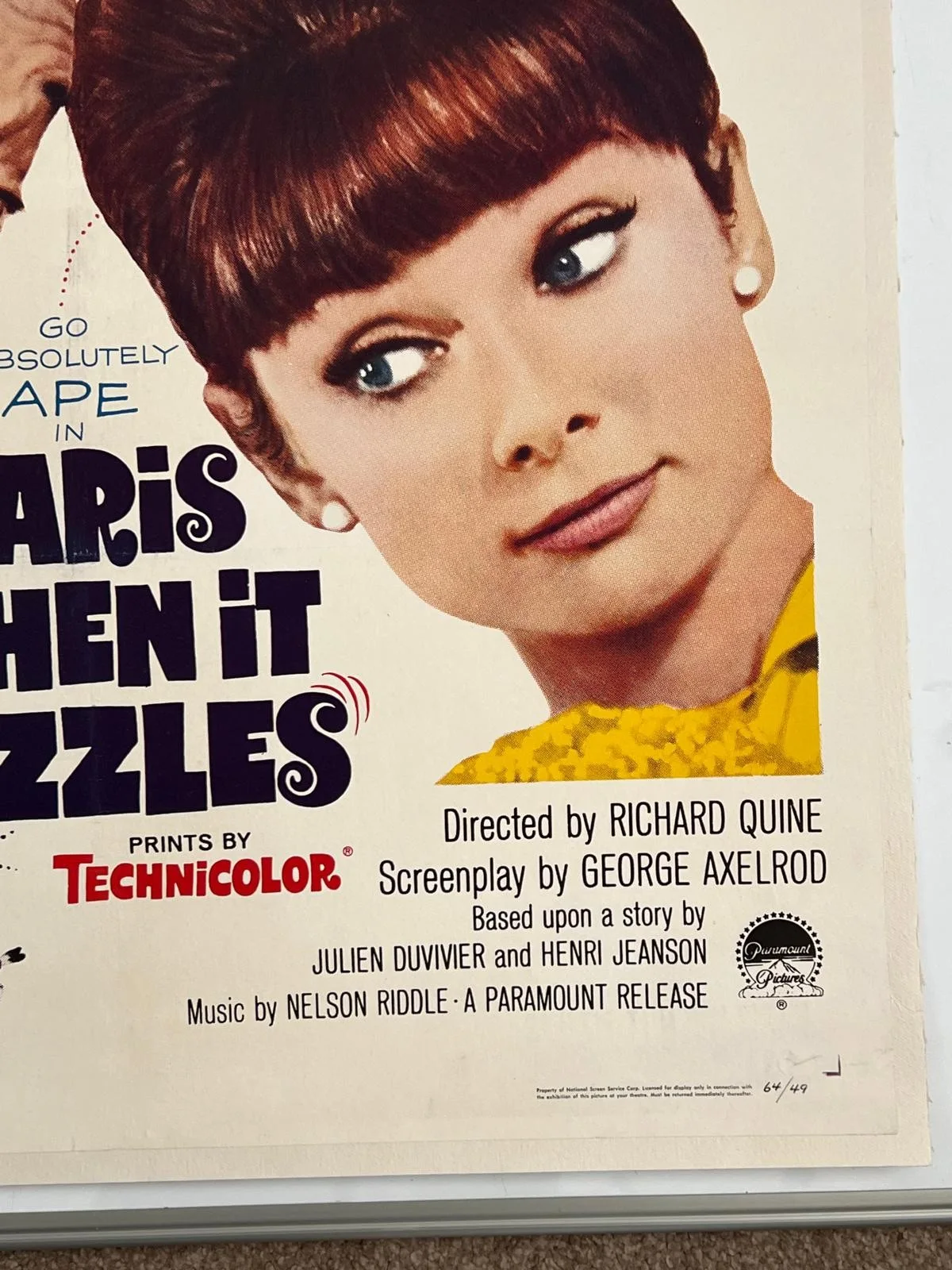 PARIS WHEN IT SIZZLES Original LINEN BACKED 1964 US One sheet Poster 27x41 cert, image 5