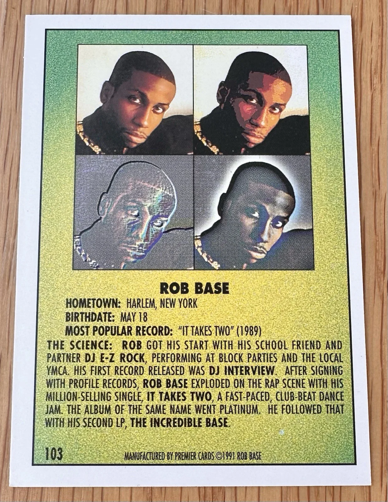 ROB BASE SIGNED OFFICIAL VINTAGE 1991 RAP PACK TRADING CARD RACC TRUSTED G, image 2