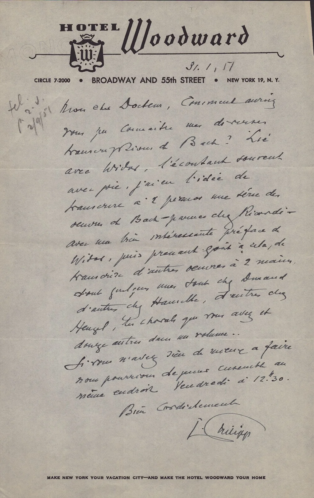 Isidor Philipp — ISIDOR PHILIPP - AUTOGRAPH LETTER SIGNED 01/31/1917