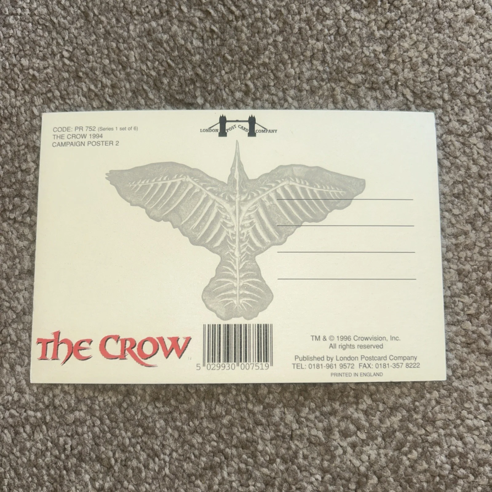 Full set of 6 Series 1 Un Posted Postcards. The Crow, image 2