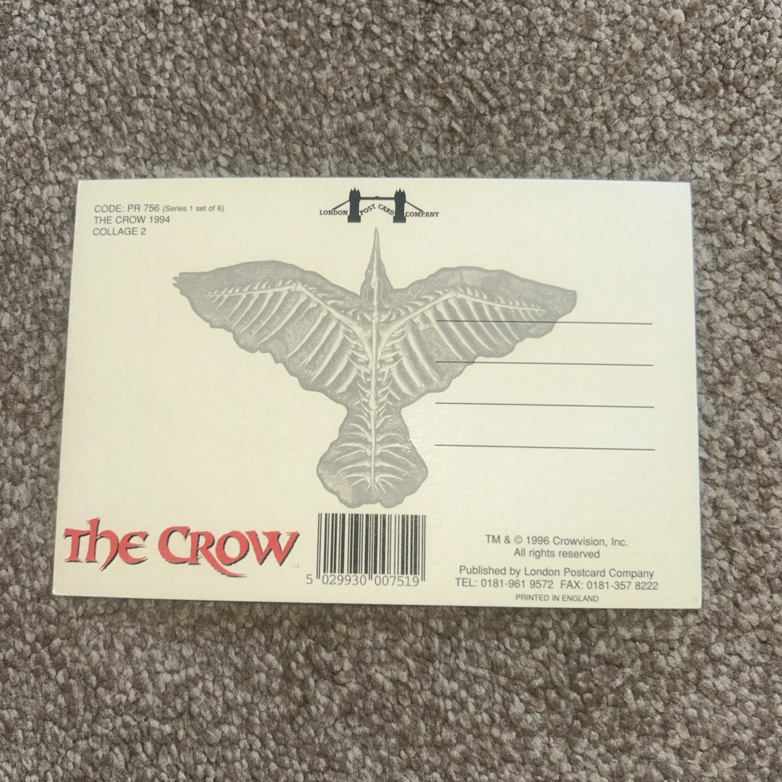 Full set of 6 Series 1 Un Posted Postcards. The Crow, image 4