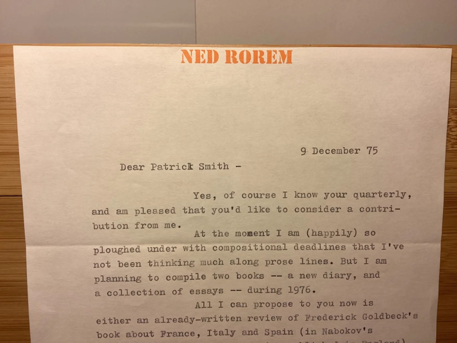 Ned Rorem — 1975 Signed Letter From Ned Rorem To Musical America Editor Patrick Smith, image 2